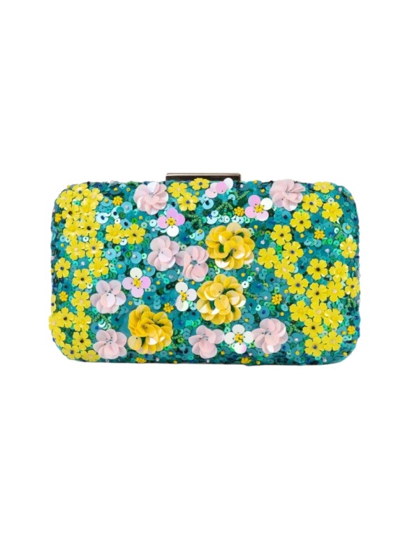 Sac à main à pochette florale en strass jaune et turquoise