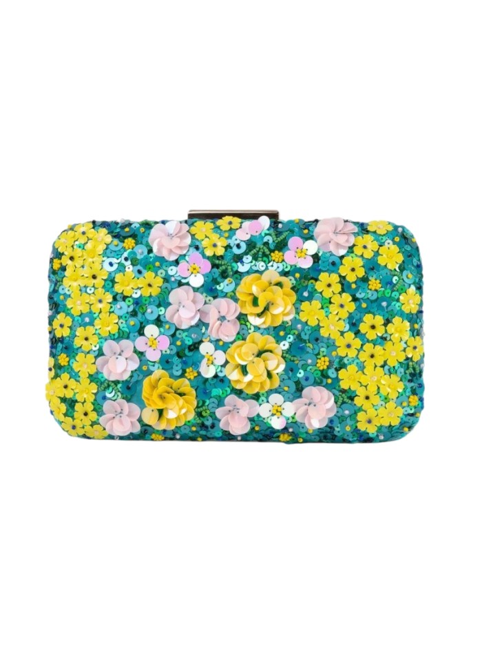 Yellow and turquoise floral clutch with...
