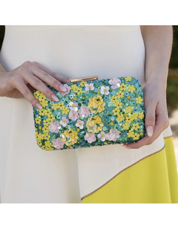 Sac à main à pochette florale en strass jaune et turquoise 2