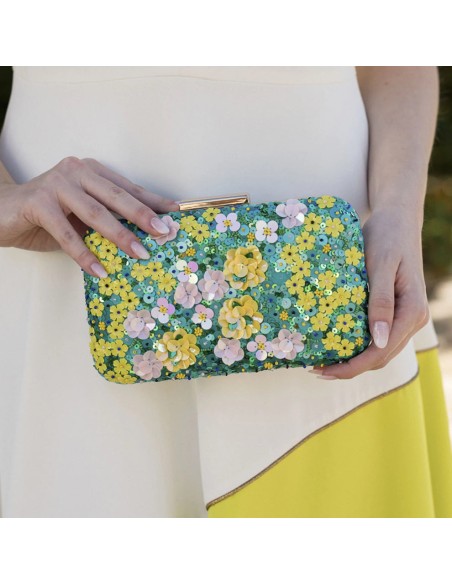 Sac à main à pochette florale en strass jaune et turquoise