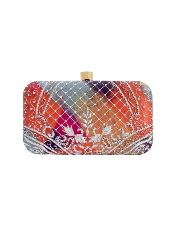 Hand-embroidered printed handbag with rhinestones