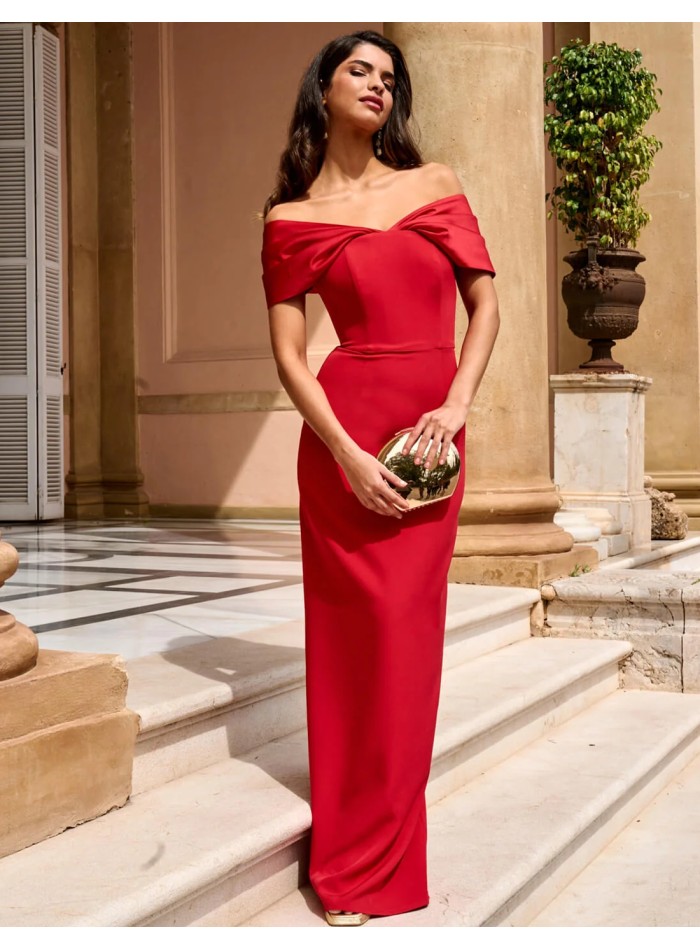 Long gown with red bandeau neckline