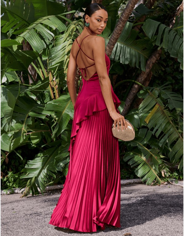 Vestido de fiesta largo con espalda cruzada granate