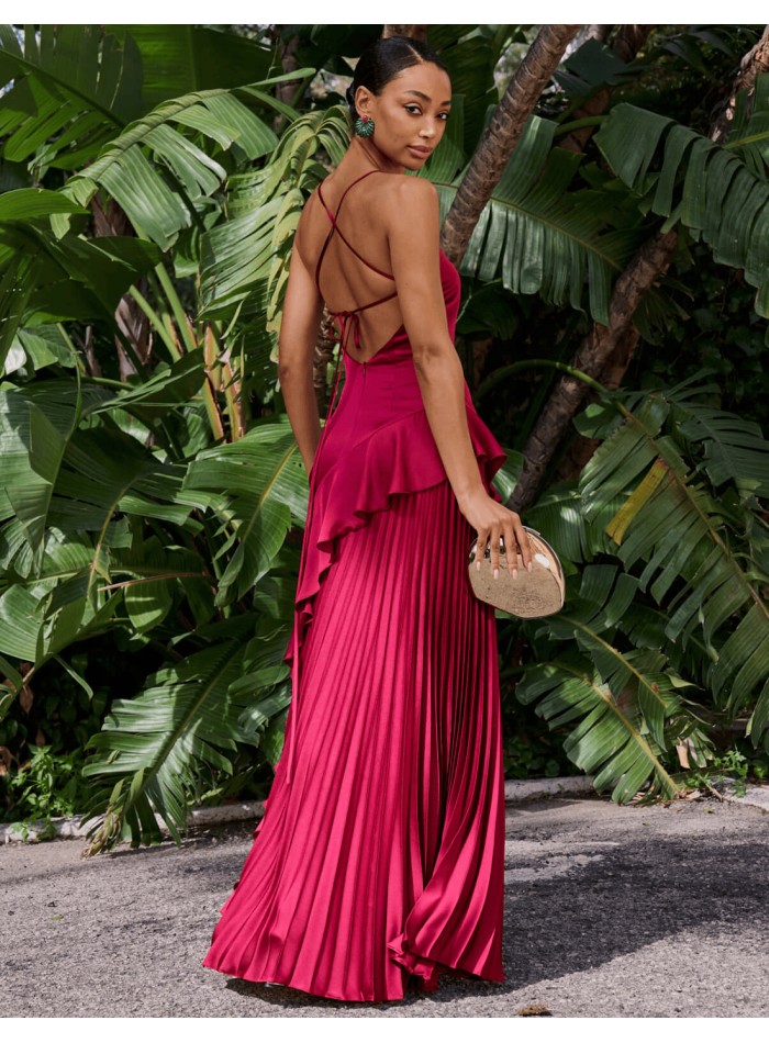 Vestido de fiesta largo con espalda cruzada granate