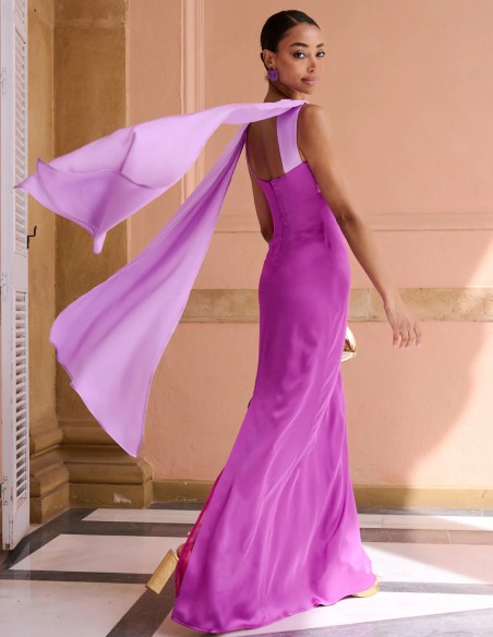 Bicolor long gown with crossover neckline and layered straps