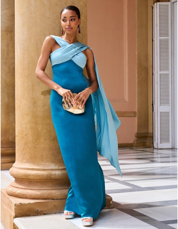 Vestido de fiesta largo bicolor azul con escote cruzado 2