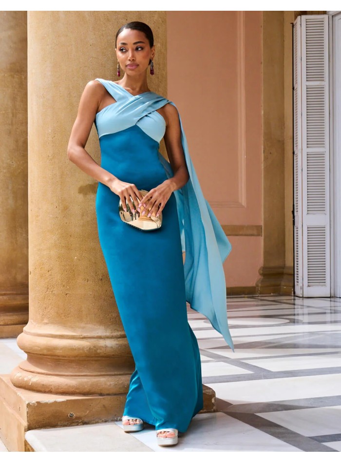 Long bicolor blue maxi dress with crossover...