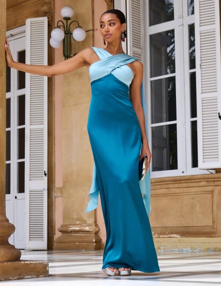 Long bicolor blue maxi dress with crossover neckline