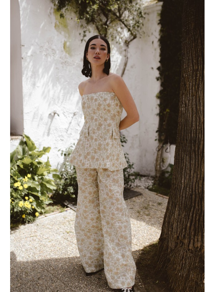 Pantalón ancho con pinzas con estampado de flores