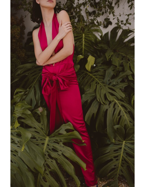 Fuchsia long party dress with maxi bow and V-neckline 2