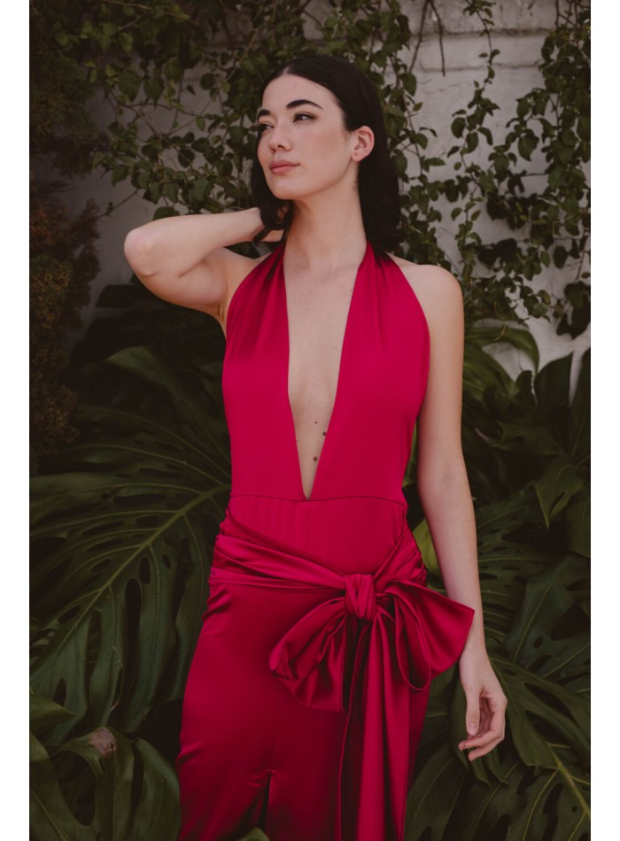 Vestido de fiesta largo fucsia con maxi lazada y escote pico para bodas
