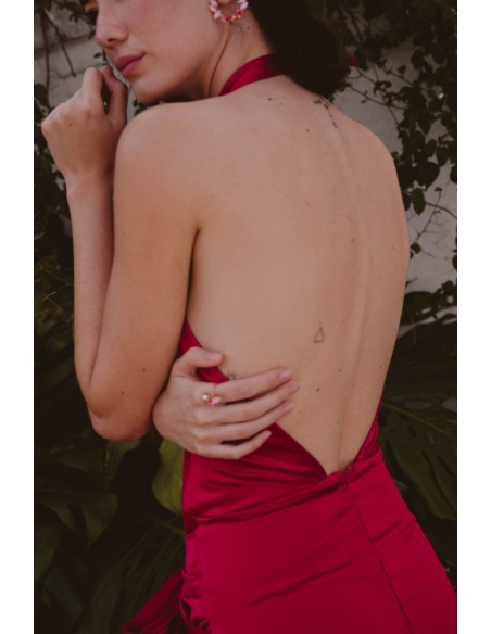 Robe de soirée longue fuchsia avec maxi nœud et décolleté en V