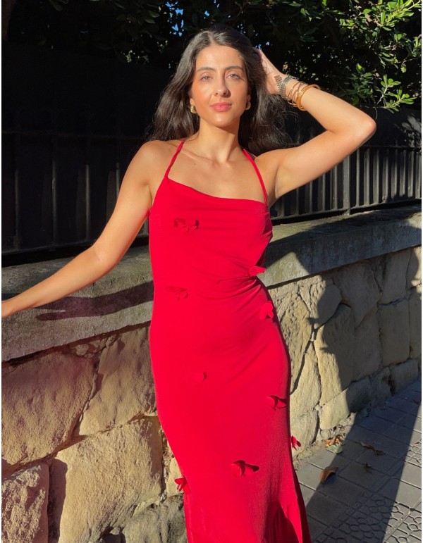 Vestido de fiesta largo rojo con florecitas en 3d - OLAIA MADINABEITIA