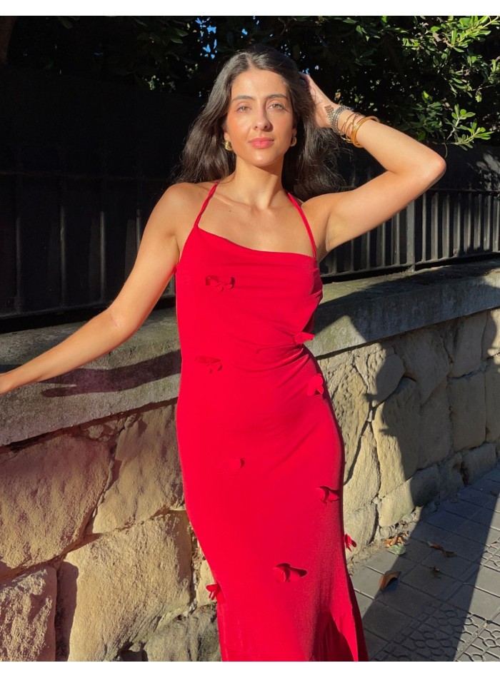 Long red party dress with 3d flowers - Olaia...