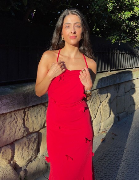 Longue robe de soirée rouge avec fleurs en 3D - Olaia Madinabeitia