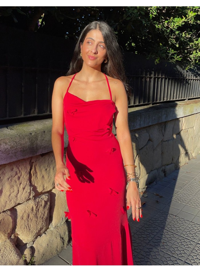 Long red party dress with 3d flowers - Olaia...