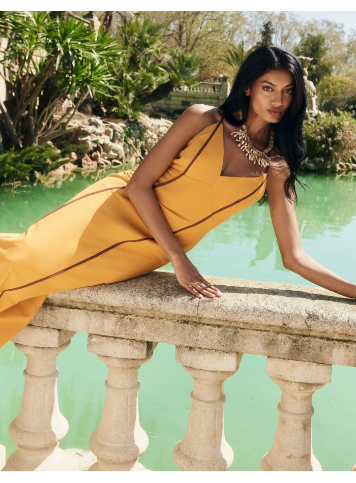 Mustard long guest dress with flowing drape