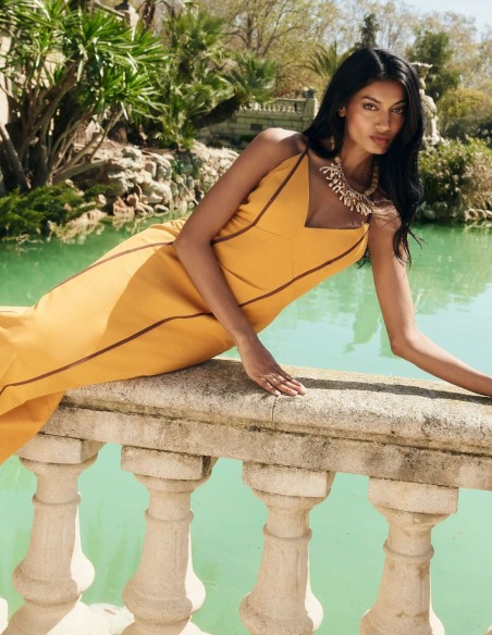 Mustard long guest dress with flowing drape