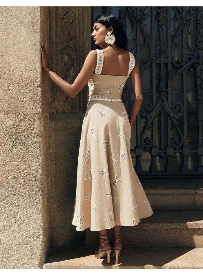 Jupe de soirée midi imprimée beige avec imprimé...