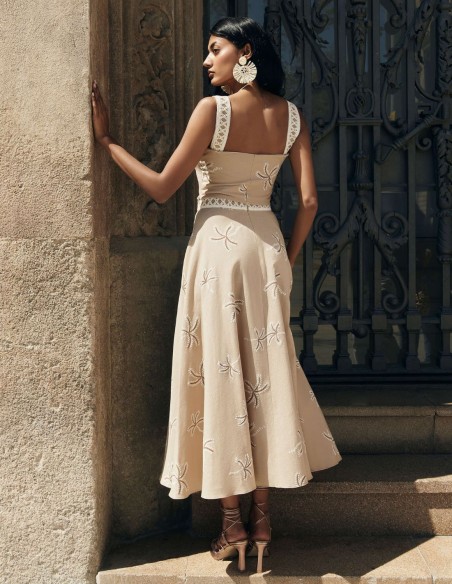 Printed beige midi party skirt with flounce