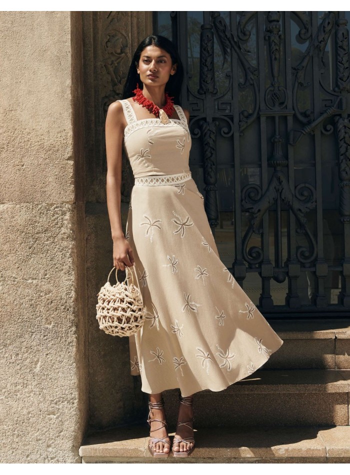 Printed beige midi party skirt with flounce