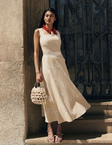 Printed beige midi party skirt with flounce