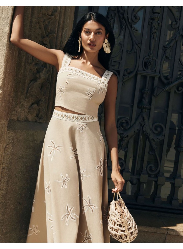 Falda midi de fiesta beige estampada con vuelo y cinta bicolor