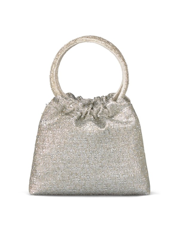 Bolso para invitada de rafia metalizada con asa plateada