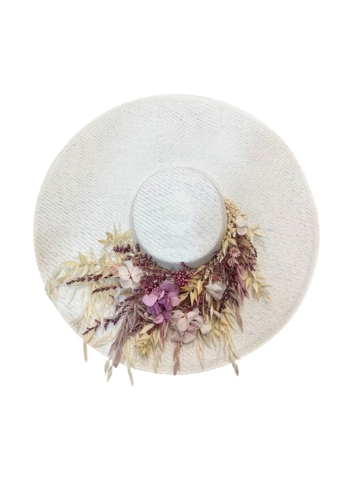 Ecru color guest pamela with floral embellishment