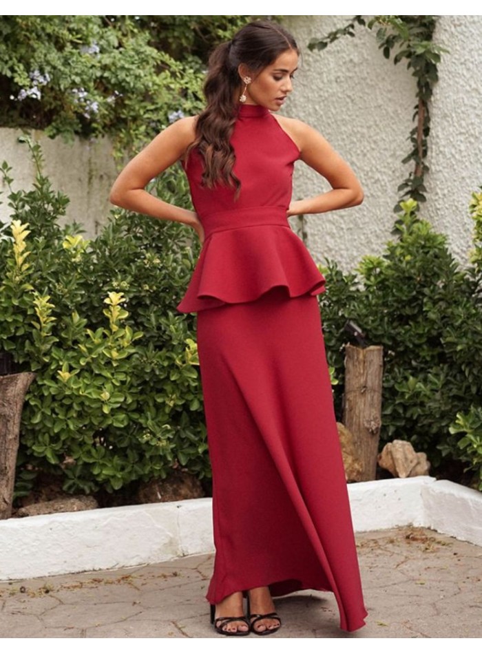 Long guest dress with peplum style belt