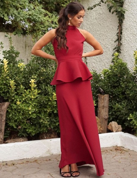 Long guest dress with peplum style belt