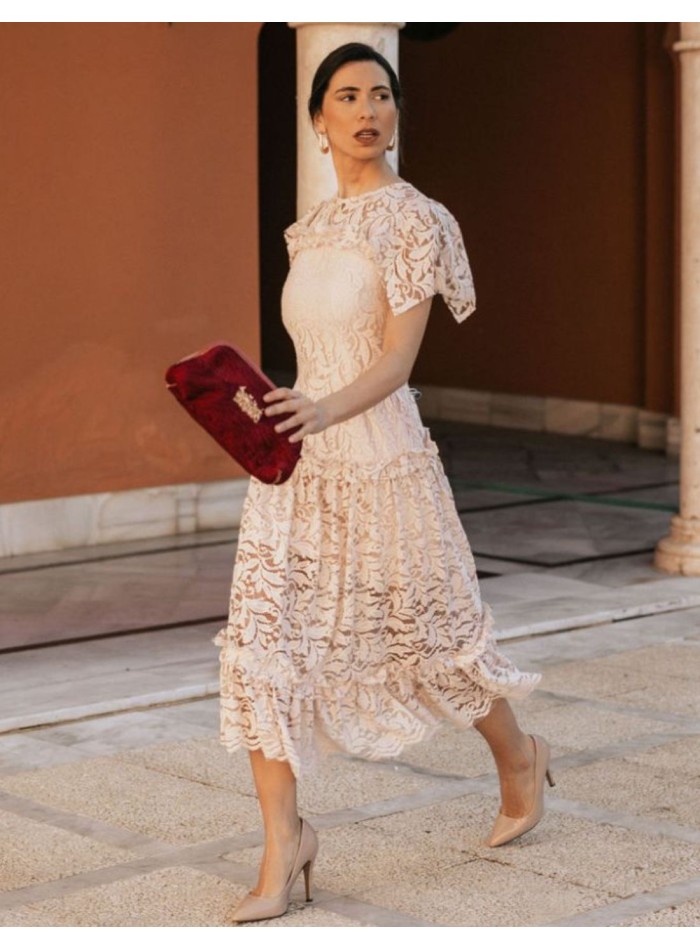 Pearl pink midi lace midi dress with ruffles