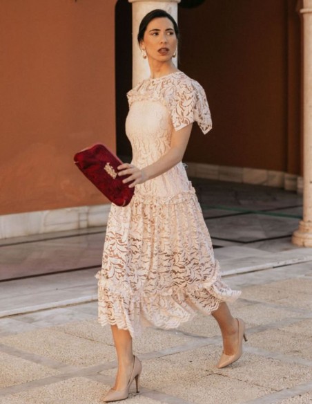 Pearl pink midi lace midi dress with ruffles