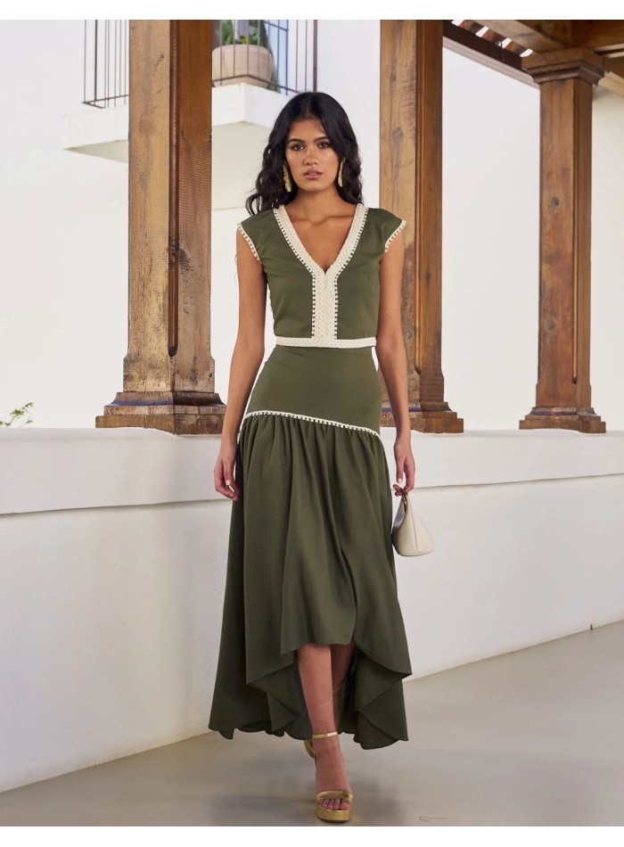 Jupe midi asymétrique en lin avec ruban beige