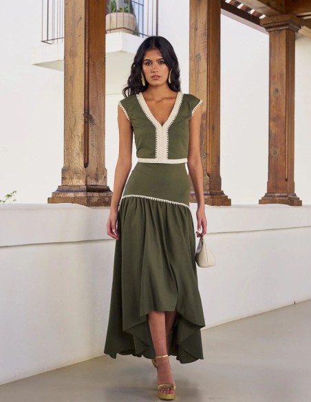 Jupe midi asymétrique en lin avec ruban beige