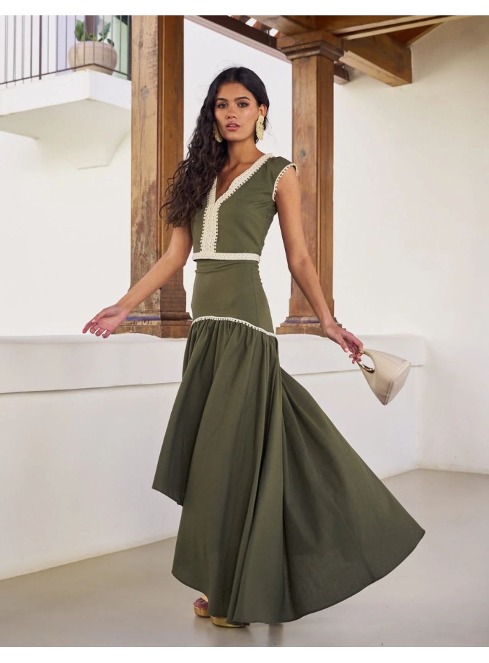 Asymmetrical linen midi skirt with ribbon in beige