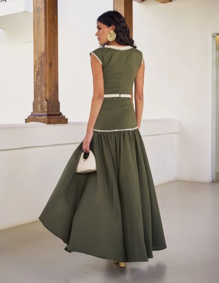 Asymmetrical linen midi skirt with ribbon in beige