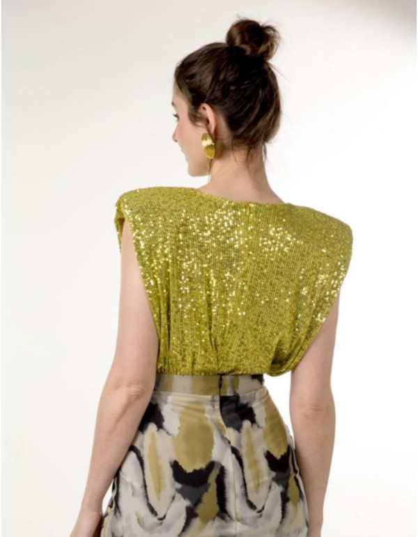 Olive green sequinned party top with shoulder pads 2