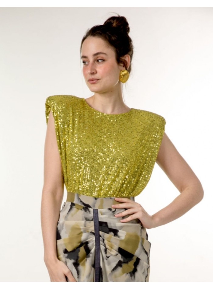 Olive green sequinned party top with shoulder pads