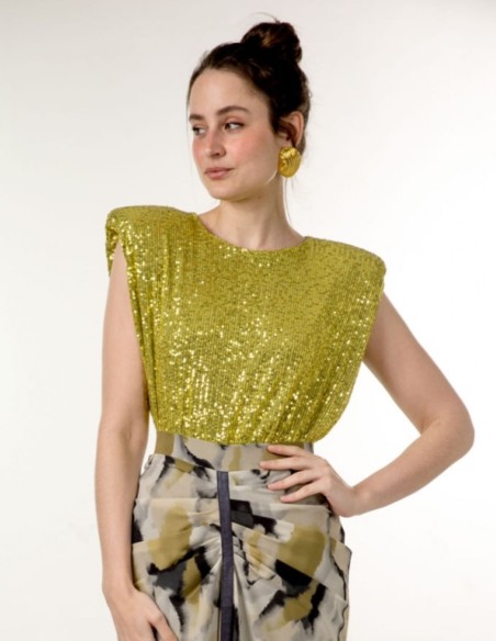 Olive green sequinned party top with shoulder pads