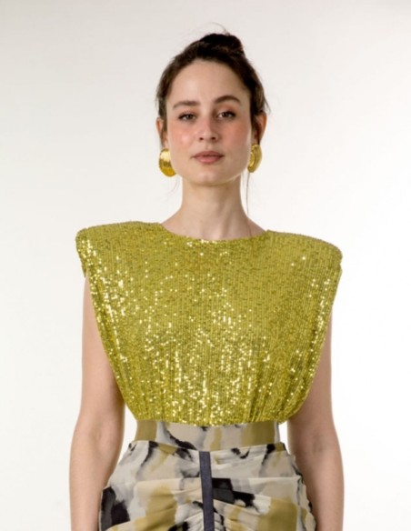 Top de fête à paillettes vert olive avec épaulettes