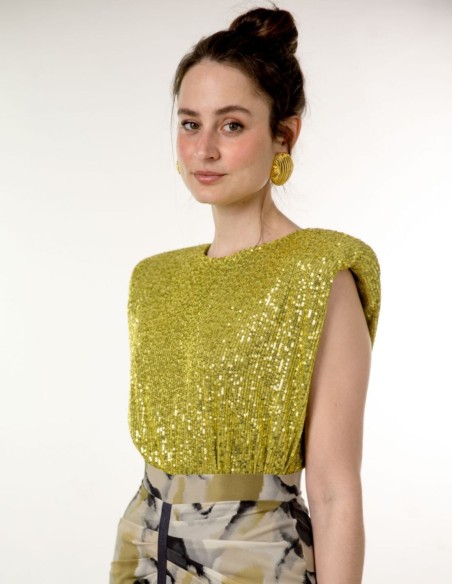 Olive green sequinned party top with shoulder pads