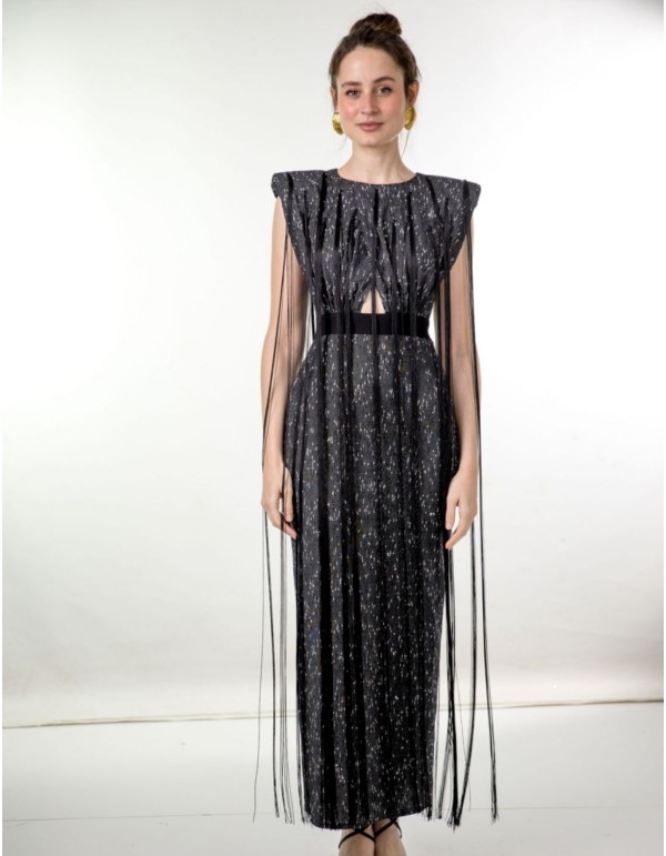 Robe de soirée midi noire avec épaules et franges