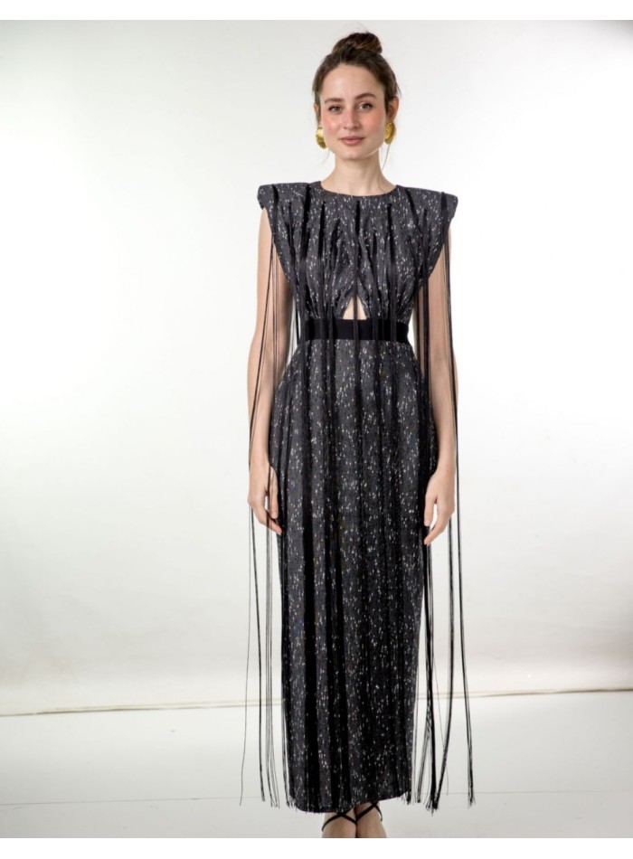 Robe de soirée midi noire avec épaules et franges