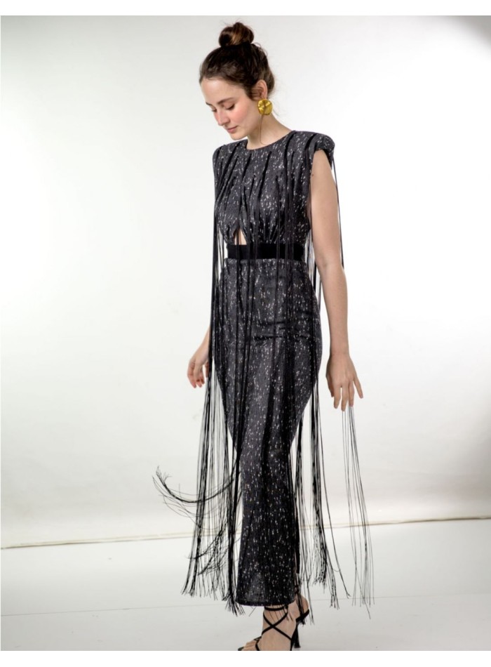 Robe de soirée midi noire avec épaules et franges
