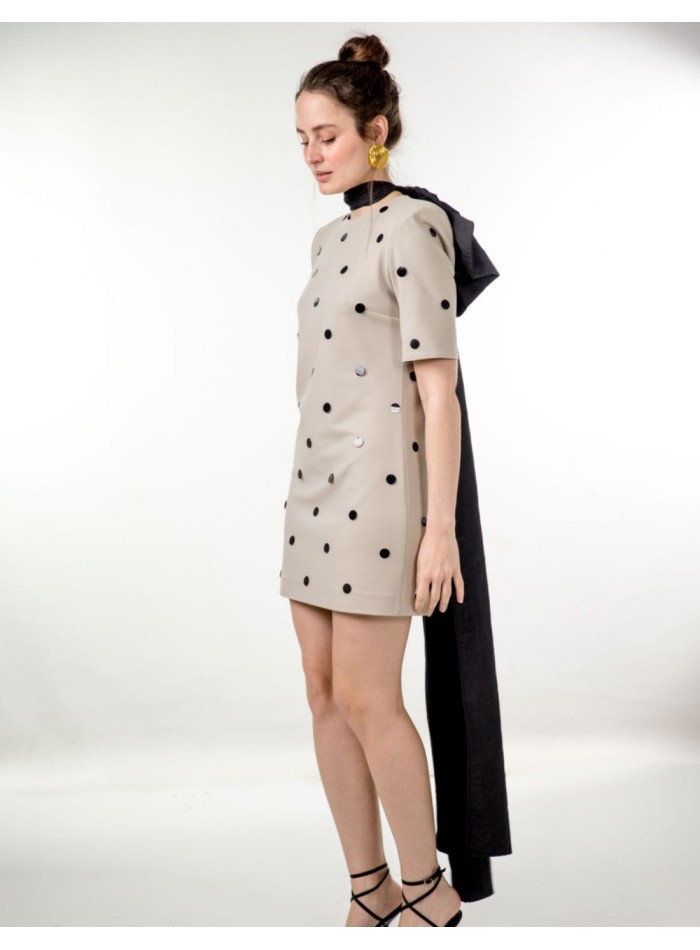 Grey mini dress with studs and maxi shoulder pads