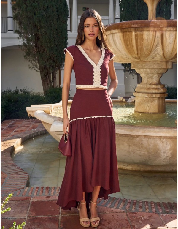 Asymmetrical linen midi guest skirt with ribbon decoration