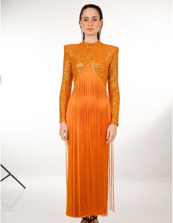 Robe de soirée midi orange avec paillettes et franges 2