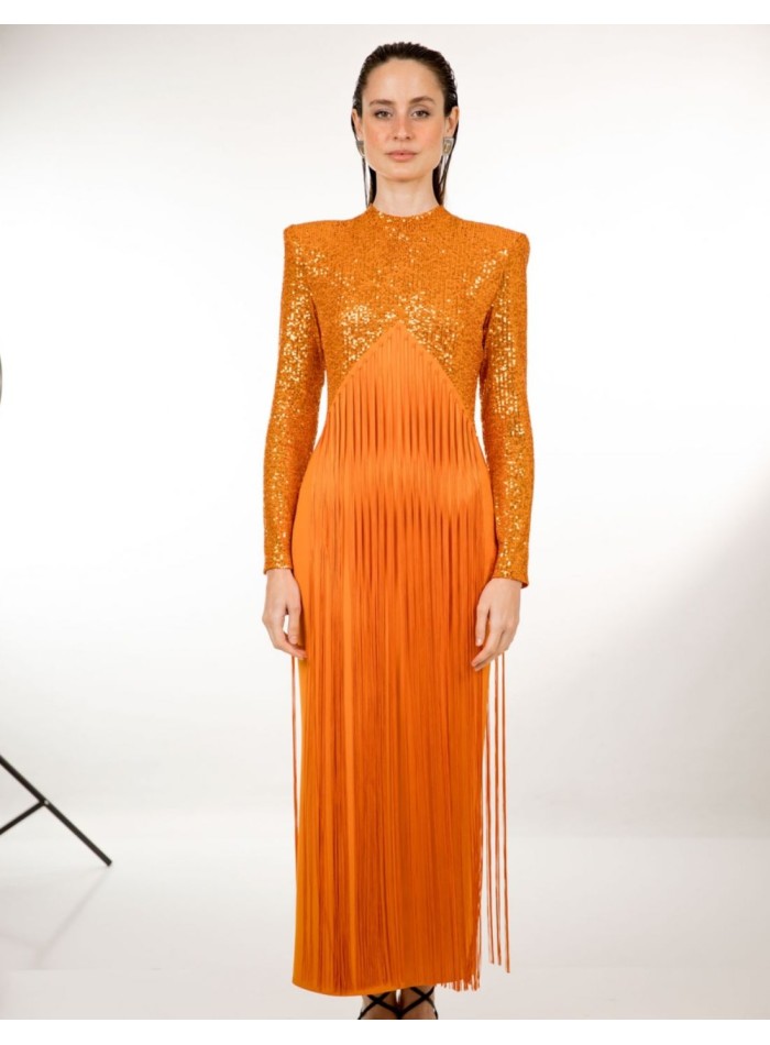 Orange midi party dress with sequins and bangs