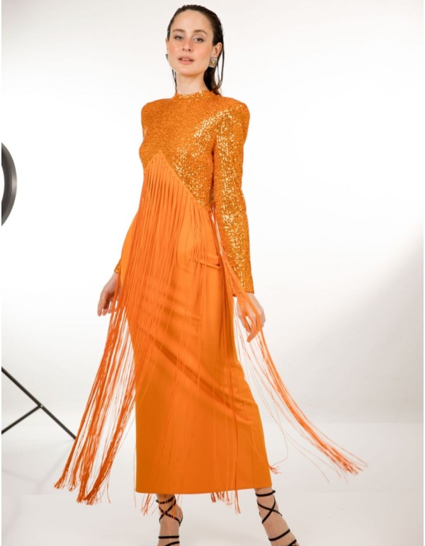 Orange midi party dress with sequins and bangs